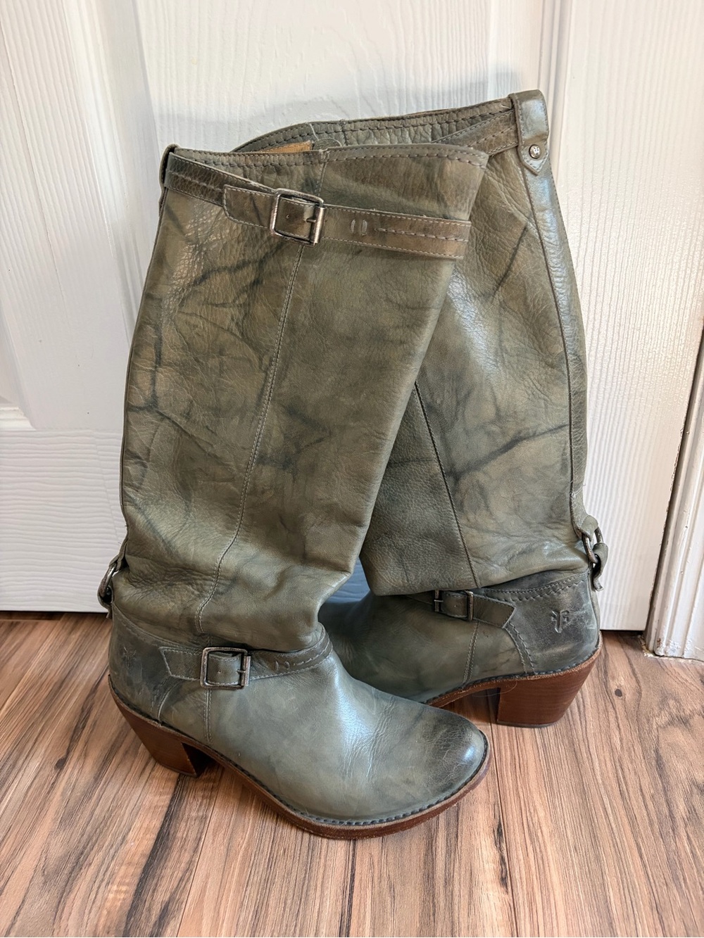 Frye Olive Green Mid-Calf Leather Heeled Boots